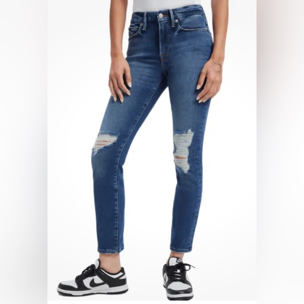 NWT Good American Good Legs Skinny Dark Blue Distressed Size 4